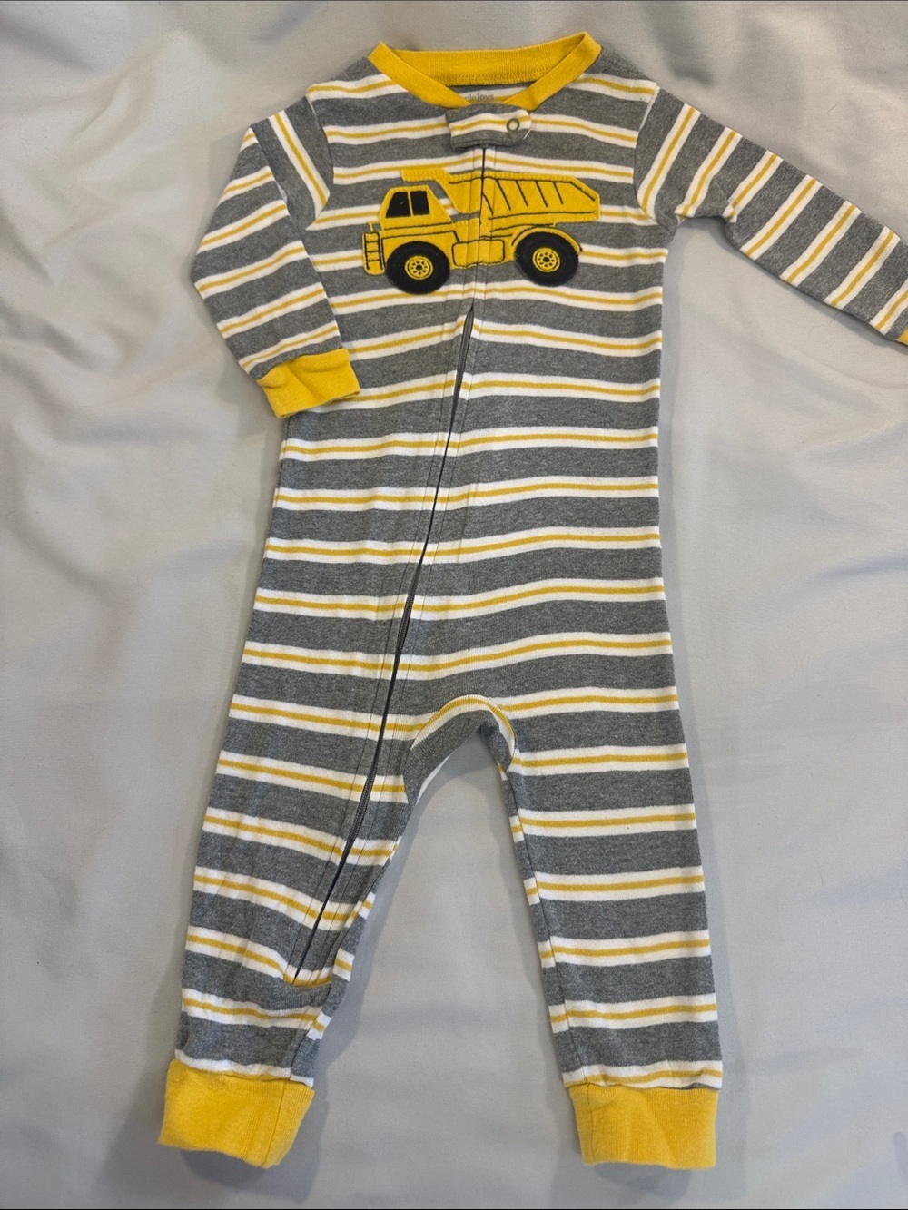 Carter’s Grey & Yellow Striped Kids Footed Pajamas with Dump Truck
